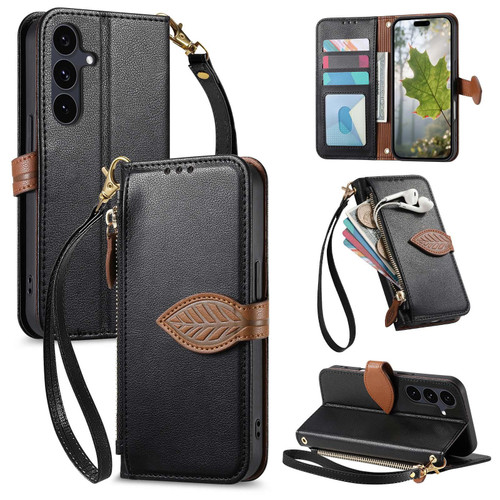 Samsung Galaxy S25 FE 5G Leaf Buckle Zipper Wallet Leather Phone Case with Strap - Black