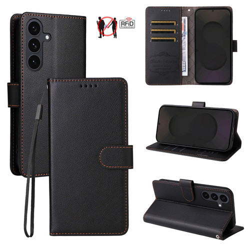 Samsung Galaxy S25 FE 5G Litchi Texture RFID Blocking 3-Card Wallet Leather Phone Case - Black