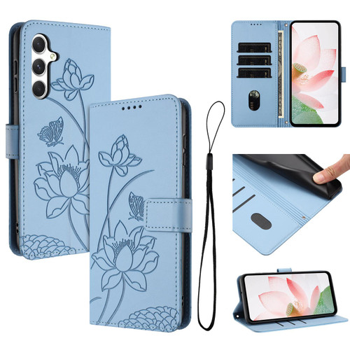 Samsung Galaxy S25 FE 5G Lotus Embossed Leather Phone Case with Lanyard - Blue