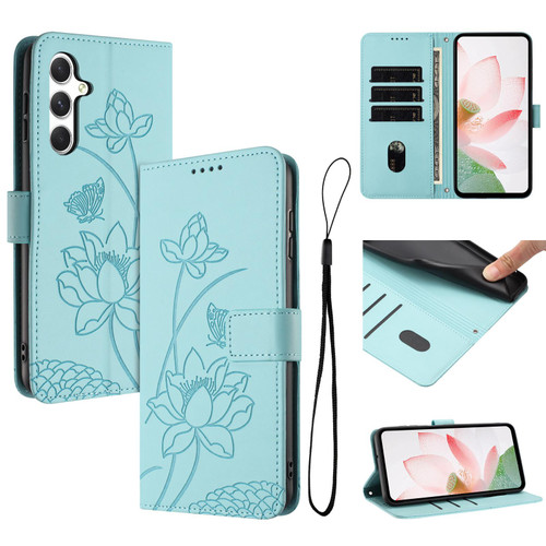 Samsung Galaxy S25 FE 5G Lotus Embossed Leather Phone Case with Lanyard - Green