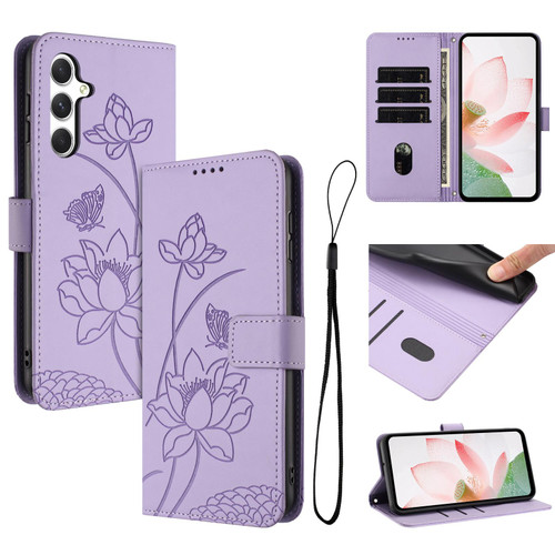 Samsung Galaxy S25 FE 5G Lotus Embossed Leather Phone Case with Lanyard - Purple