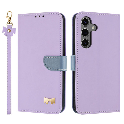 Samsung Galaxy S25 FE 5G Metal Bow Leather Phone Case with Hand Strap - Purple