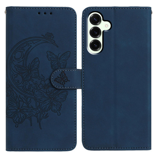 Samsung Galaxy S25 FE 5G Moonlit Butterfly Dance Pattern Embossed Leather Phone Case - Navy Blue