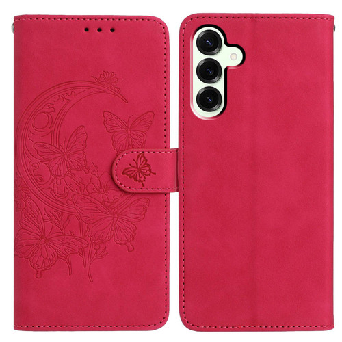 Samsung Galaxy S25 FE 5G Moonlit Butterfly Dance Pattern Embossed Leather Phone Case - Rose Red