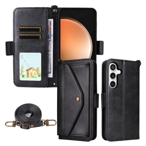 Samsung Galaxy S25 FE 5G Multi-card Slots Crossbody Cowhide Leather Phone Case - Black