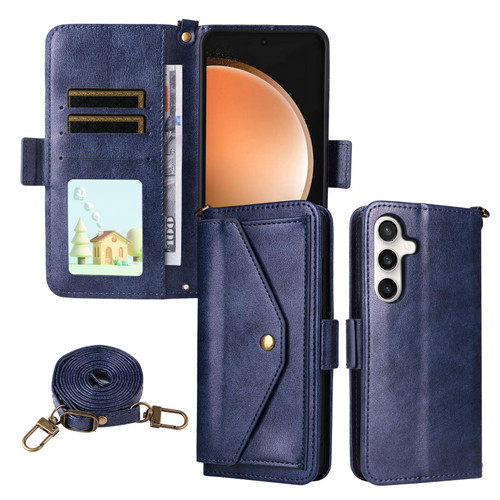 Samsung Galaxy S25 FE 5G Multi-card Slots Crossbody Cowhide Leather Phone Case - Blue