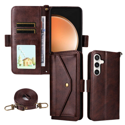 Samsung Galaxy S25 FE 5G Multi-card Slots Crossbody Cowhide Leather Phone Case - Brown