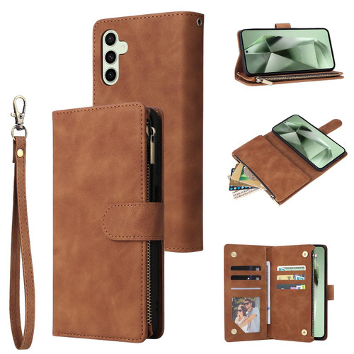 Samsung Galaxy S25 FE 5G Multifunctional Frosted Zipper Wallet Leather Phone Case - Brown