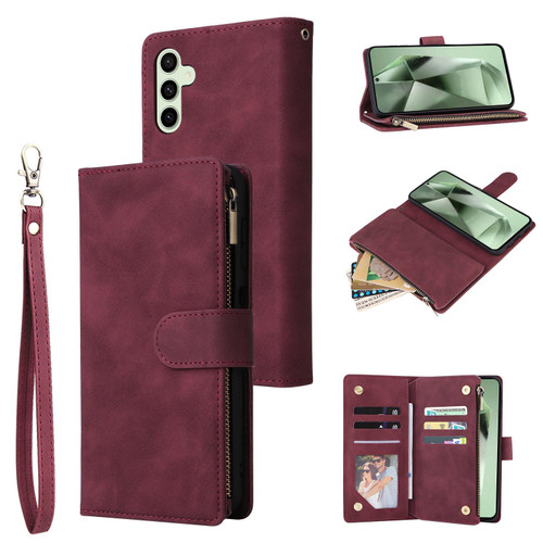 Samsung Galaxy S25 FE 5G Multifunctional Frosted Zipper Wallet Leather Phone Case - Wine Red