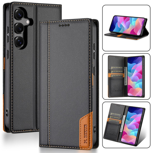 Samsung Galaxy S25 FE 5G N.BEKUS P3 RFID Stitching Magnetic Flip Leather Phone Case - Black