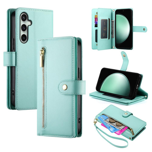 Samsung Galaxy S25 FE 5G Nine Card-slot Zipper Wallet Bag Leather Phone Case - Mint Green