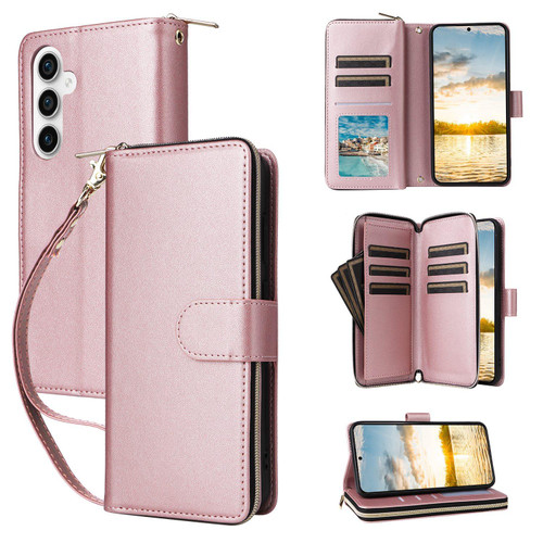 Samsung Galaxy S25 FE 5G Nine-card Slots Zipper Wallet Bag Leather Phone Case - Rose Gold