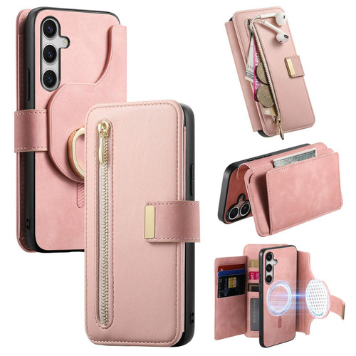 Samsung Galaxy S25 FE 5G Ring Zipper Wallet RFID Blocking MagSafe Leather Phone Case - Pink
