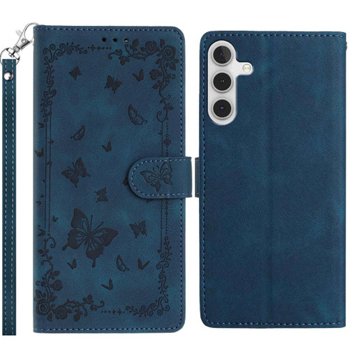 Samsung Galaxy S25 FE 5G Secret Garden Butterfly Pattern Leather Phone Case - Dark Blue