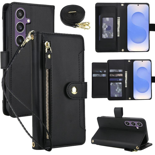 Samsung Galaxy S25 FE 5G Seven Card Slots Zipper Wallet Leather Phone Case with Lanyard - Black