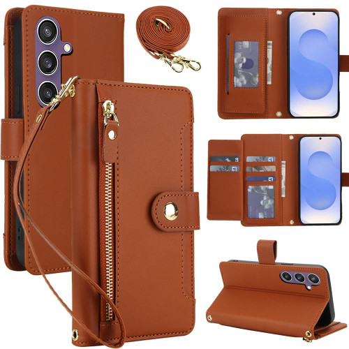 Samsung Galaxy S25 FE 5G Seven Card Slots Zipper Wallet Leather Phone Case with Lanyard - Brown