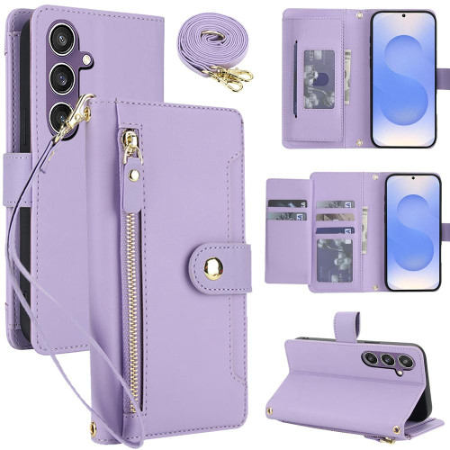 Samsung Galaxy S25 FE 5G Seven Card Slots Zipper Wallet Leather Phone Case with Lanyard - Light Purple