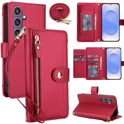 Samsung Galaxy S25 FE 5G Seven Card Slots Zipper Wallet Leather Phone Case with Lanyard - Red