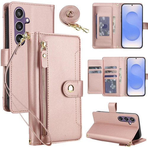 Samsung Galaxy S25 FE 5G Seven Card Slots Zipper Wallet Leather Phone Case with Lanyard - Rose Gold
