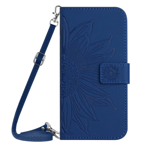 Samsung Galaxy S25 FE 5G Skin Feel Sun Flower Embossed Flip Leather Phone Case with Lanyard - Dark Blue