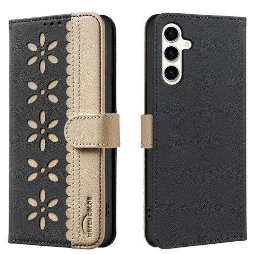 Samsung Galaxy S25 FE 5G Splicing Color Hollow Flower Pattern RFID Leather Phone Case - Black