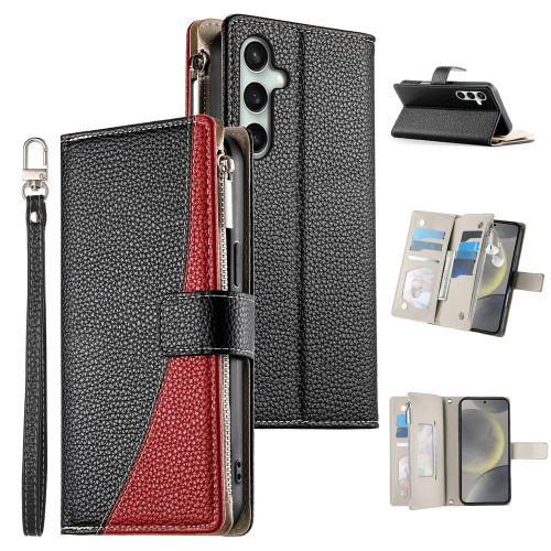 Samsung Galaxy S25 FE 5G Stitching Multi-card Zipper Wallet Leather Phone Case with Short Strap - Black