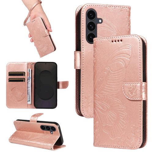 Samsung Galaxy S25 FE 5G Swallowtail Butterfly Embossed Leather Phone Case - Rose Gold