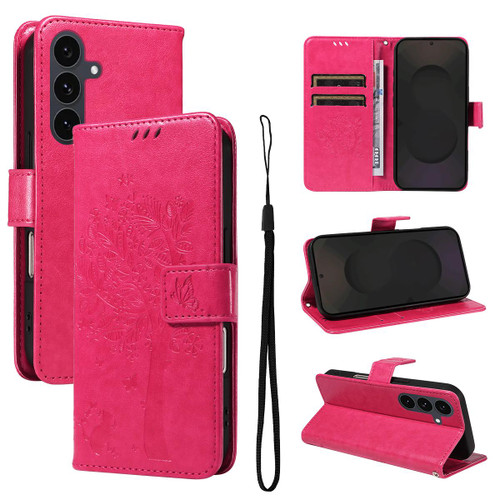 Samsung Galaxy S25 FE 5G Tree & Cat Embossed Pattern Flip Leather Phone Case - Rose Red