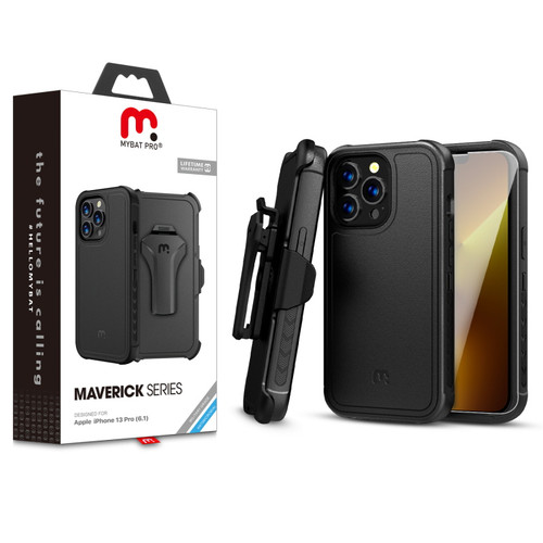 MyBat Pro Maverick Series Case w/ Holster and Tempered Glass for Apple iPhone 13 Pro - Black