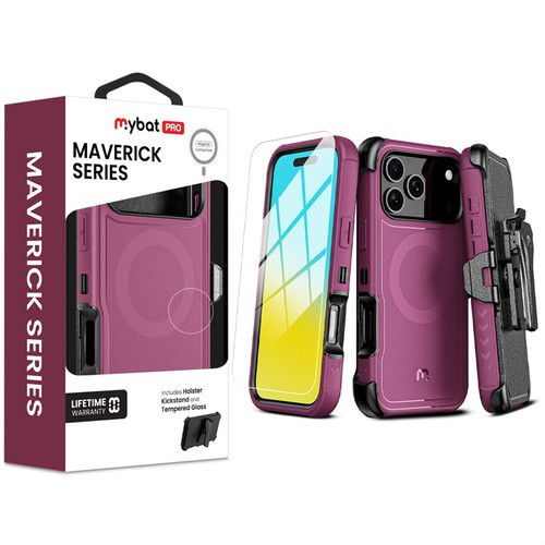 MyBat Pro Maverick Series MagSafe Case w/ Holster and Tempered Glass for Apple iPhone 17 Pro Max - Plum