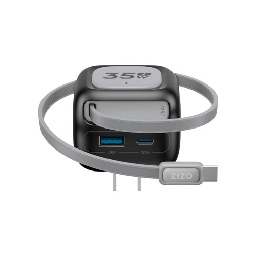 ZIZO PowerVault Cube 35W GaN Travel Charger with Retractable USB-C Cable and Multi-Port Charging - Space Black