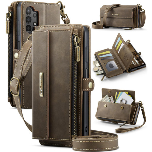 Samsung Galaxy A13 5G CaseMe C39 RFID Blocking Zipper Wallet Leather Phone Case with Crossbody Strap - Coffee