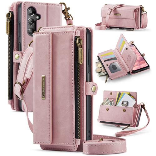 Samsung Galaxy A14 5G CaseMe C39 RFID Blocking Zipper Wallet Leather Phone Case with Crossbody Strap - Pink