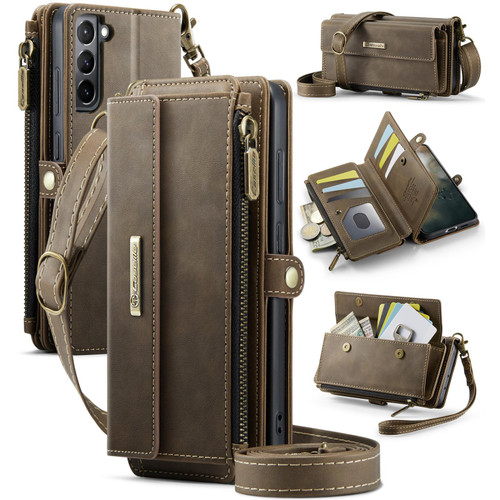Samsung Galaxy S21 5G CaseMe C39 RFID Blocking Zipper Wallet Leather Phone Case with Crossbody Strap - Coffee