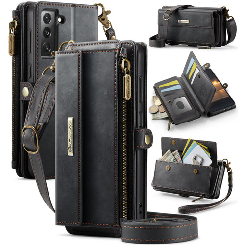 Samsung Galaxy S21 FE 5G CaseMe C39 RFID Blocking Zipper Wallet Leather Phone Case with Crossbody Strap - Black
