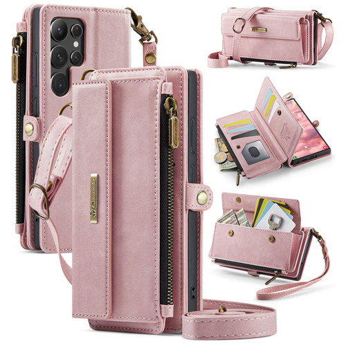 Samsung Galaxy S22 Ultra 5G CaseMe C39 RFID Blocking Zipper Wallet Leather Phone Case with Crossbody Strap - Pink
