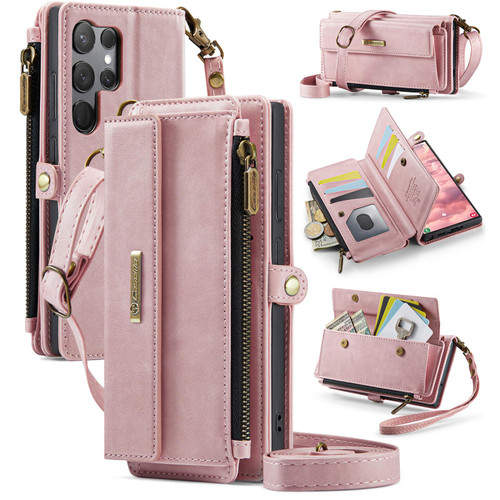 Samsung Galaxy S23 Ultra 5G CaseMe C39 RFID Blocking Zipper Wallet Leather Phone Case with Crossbody Strap - Pink