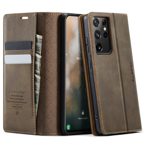 Samsung Galaxy S21 Ultra 5G CaseMe 033 Calf Leather Lining Microfibre RFID Blocking Phone Case - Coffee