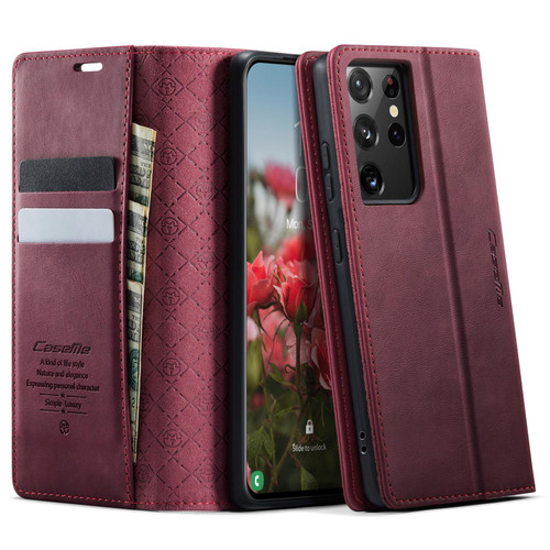 Samsung Galaxy S21 Ultra 5G CaseMe 033 Calf Leather Lining Microfibre RFID Blocking Phone Case - Red