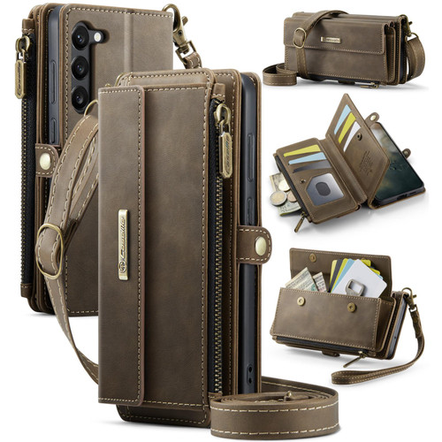 Samsung Galaxy S23 5G CaseMe C39 RFID Blocking Zipper Wallet Leather Phone Case with Crossbody Strap - Coffee