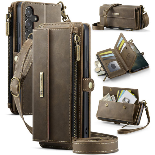 Samsung Galaxy S23 FE 5G CaseMe C39 RFID Blocking Zipper Wallet Leather Phone Case with Crossbody Strap - Coffee