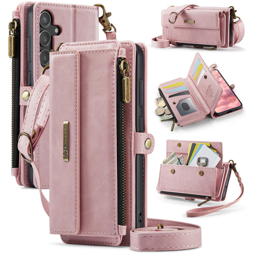 Samsung Galaxy S23 FE 5G CaseMe C39 RFID Blocking Zipper Wallet Leather Phone Case with Crossbody Strap - Pink