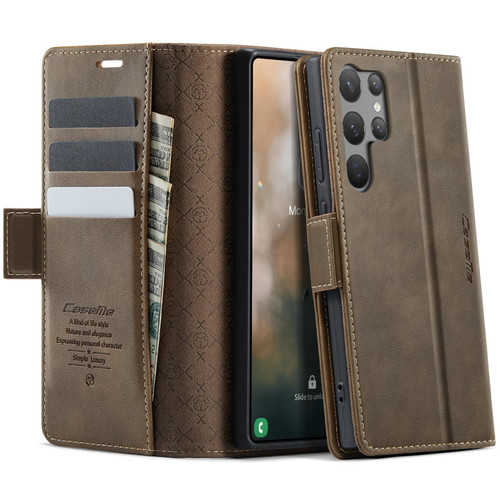 Samsung Galaxy S23 Ultra 5G CaseMe 033 Calf Leather Lining Microfibre RFID Blocking Phone Case - Coffee