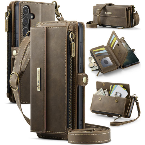 Samsung Galaxy S24 FE 5G CaseMe C39 RFID Blocking Zipper Wallet Leather Phone Case with Crossbody Strap - Coffee