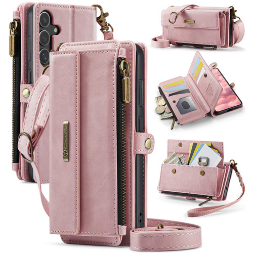 Samsung Galaxy S24 FE 5G CaseMe C39 RFID Blocking Zipper Wallet Leather Phone Case with Crossbody Strap - Pink