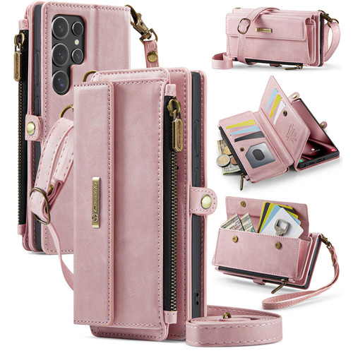 Samsung Galaxy S24 Ultra 5G CaseMe C39 RFID Blocking Zipper Wallet Leather Phone Case with Crossbody Strap - Pink