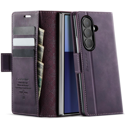 Samsung Galaxy Z Fold7 5G CaseMe 033 Calf Leather Lining Microfibre RFID Blocking Phone Case - Purple