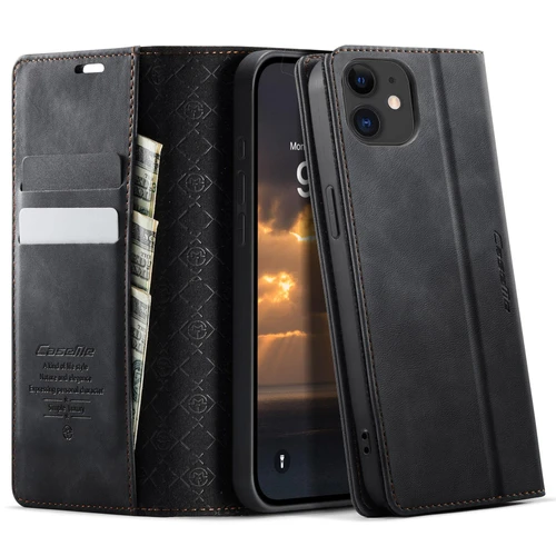 iPhone 12 mini CaseMe 033 Calf Leather Lining Microfibre RFID Blocking Phone Case - Black