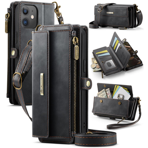 iPhone 12 mini CaseMe C39 RFID Blocking Zipper Wallet Leather Phone Case with Crossbody Strap - Black