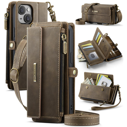 iPhone 13 mini CaseMe C39 RFID Blocking Zipper Wallet Leather Phone Case with Crossbody Strap - Coffee